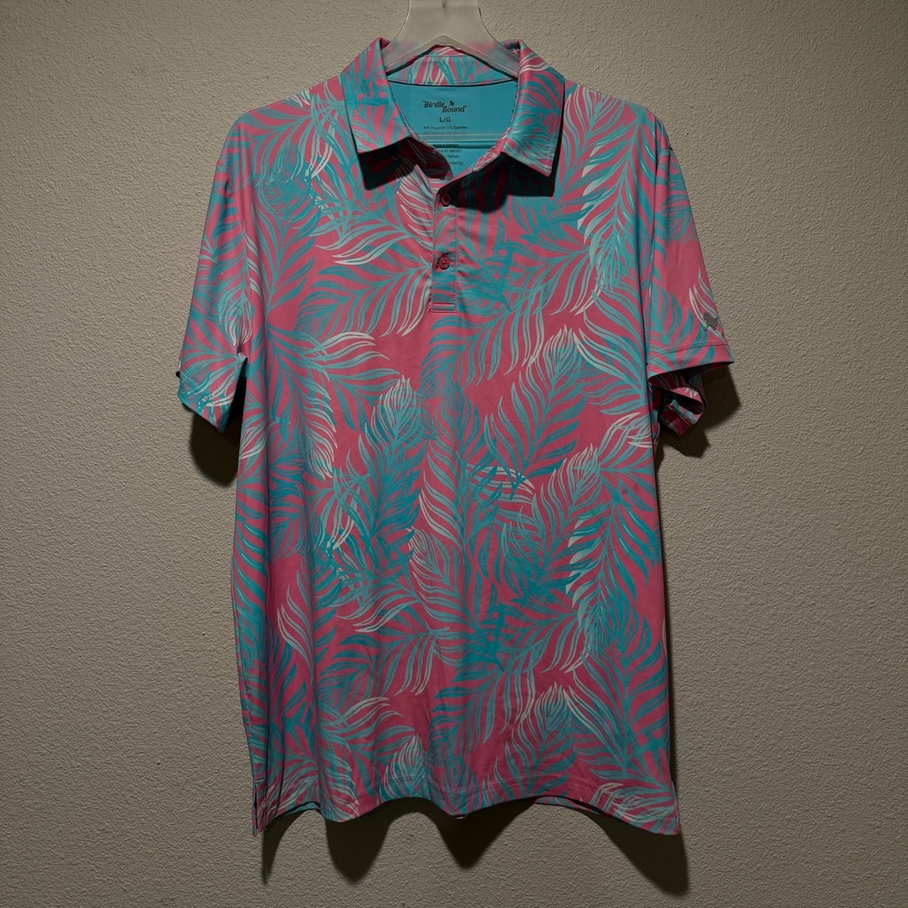 Birdie &‎ Bound Mens L G Tropical Palm Leaf Golf Polo Shirt Pink Teal